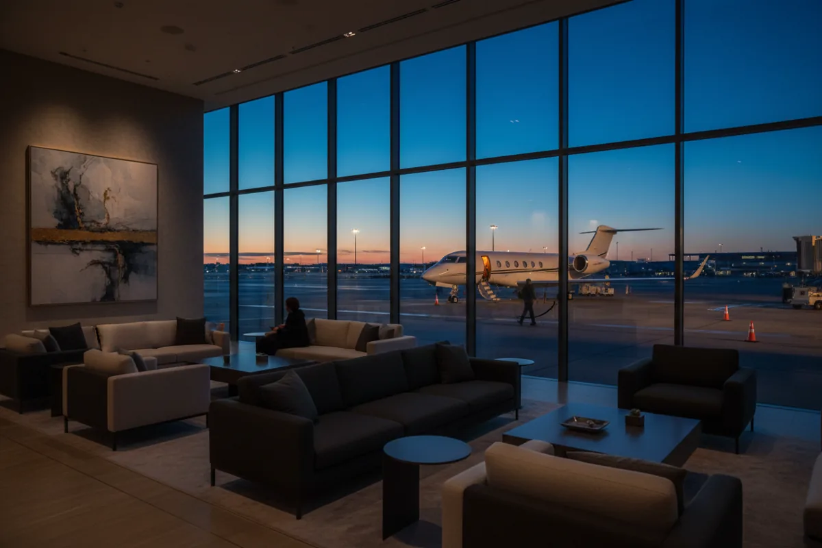 A modern, luxurious private airport lounge at dusk overlooking a jet on the tarmac.