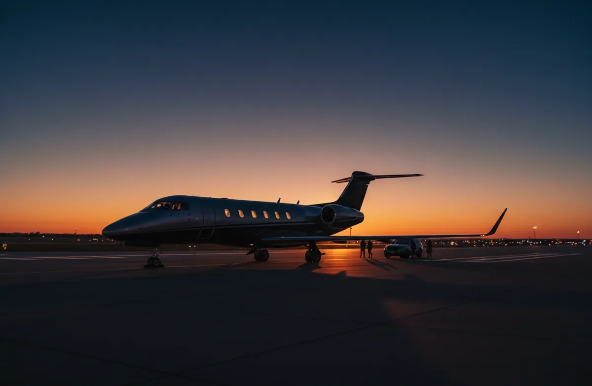 A private jet sits on a quiet airport tarmac at sunset.