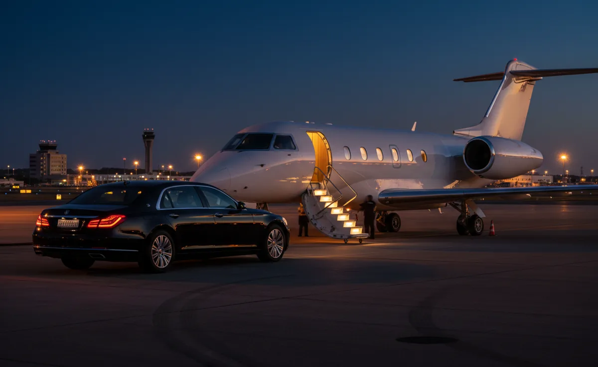 A luxury black car waiting by a private jet on an airport tarmac at dusk.