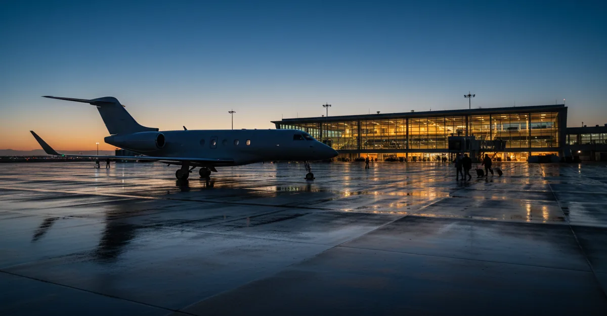 A private jet on the tarmac of a modern airport terminal at dusk.