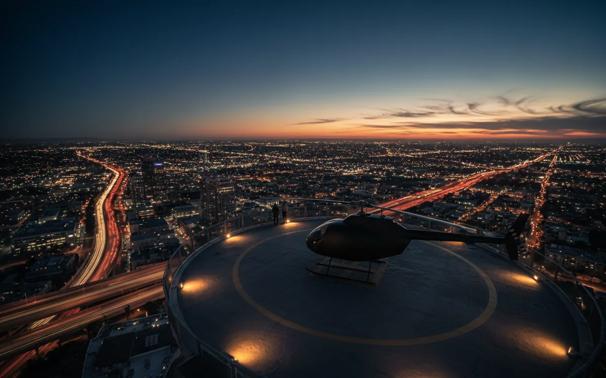 A helicopter on a skyscraper's helipad overlooking a city at night.