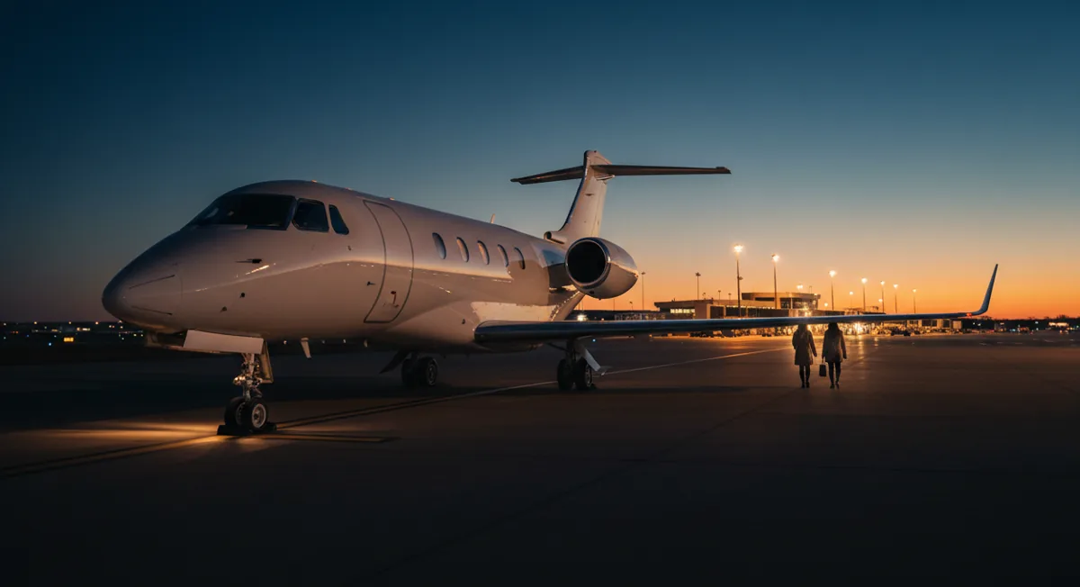 A white private jet parked on an airport tarmac on a clear, sunny day.