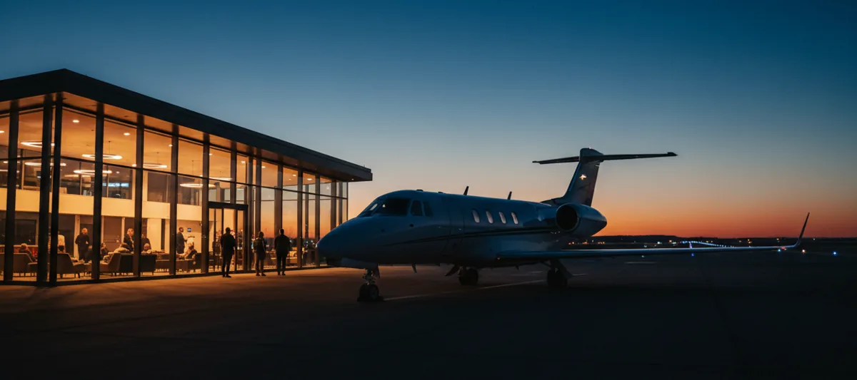 A private jet on the tarmac of an airport terminal at twilight.