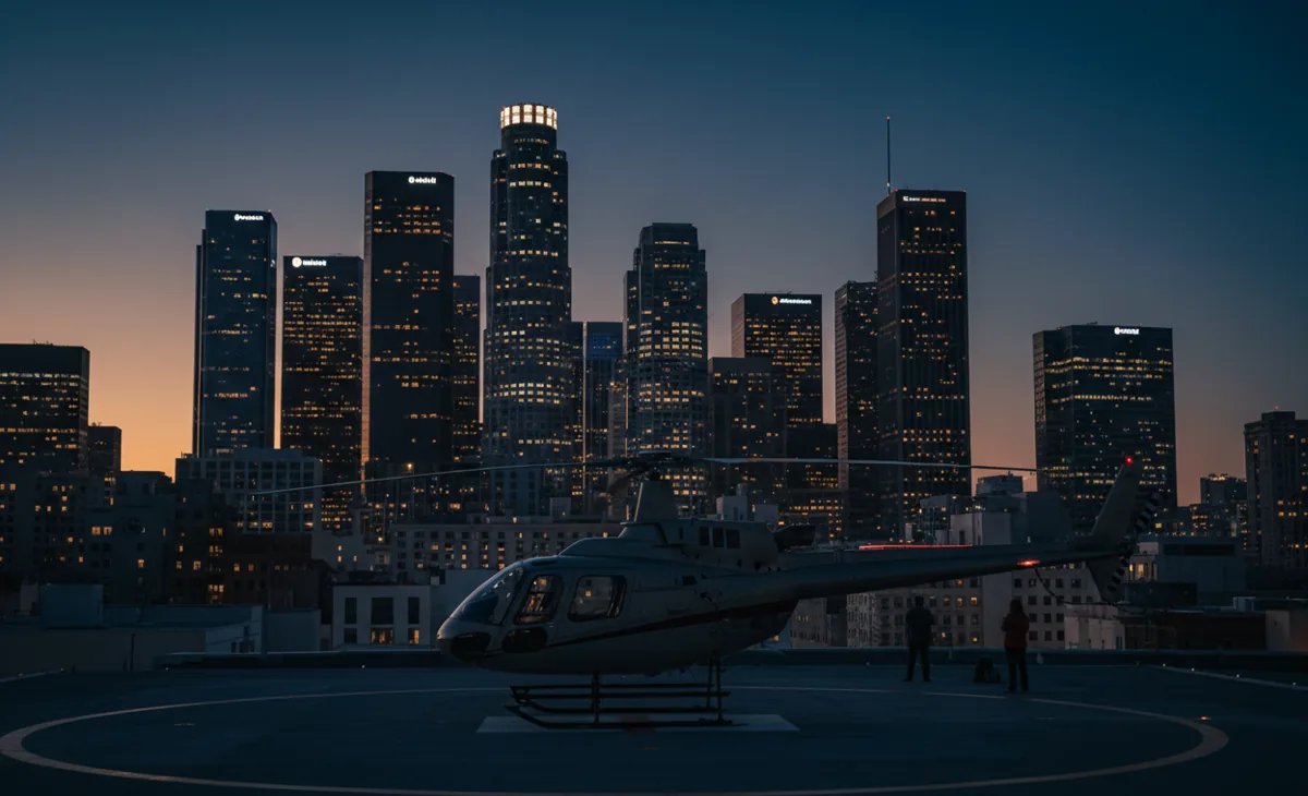 A helicopter on a downtown Los Angeles rooftop helipad at twilight with the Wilshire Grand Center behind it.