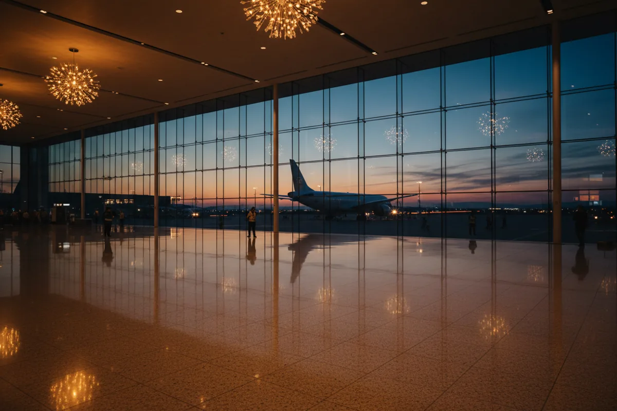 A modern, empty airport lounge at dusk, with a view of an airplane on the tarmac.