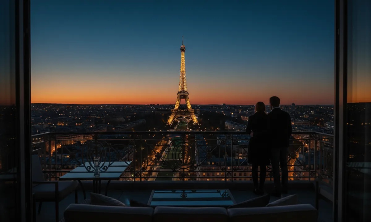 The Eiffel Tower in Paris illuminated at twilight, viewed from a nearby balcony.