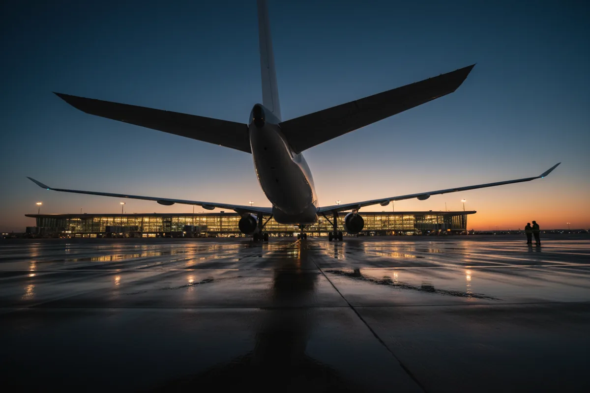 A large passenger jet on the airport tarmac at dusk, with a glowing terminal in the background.