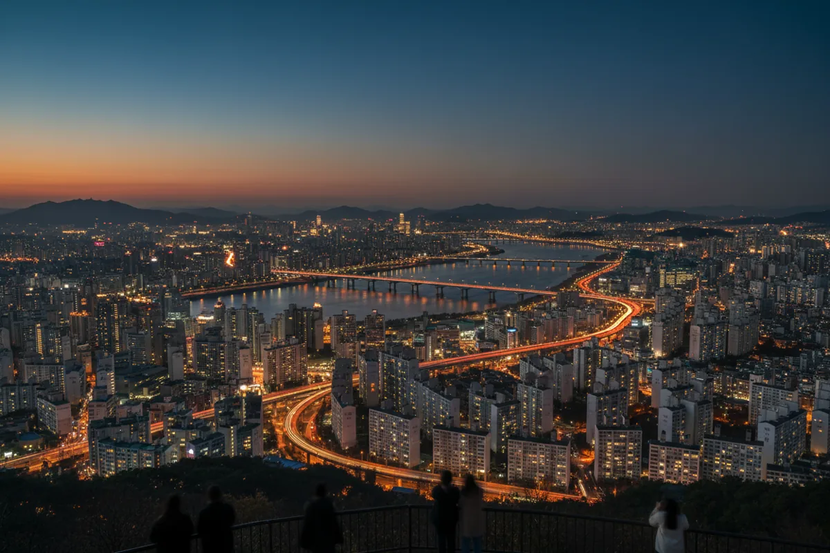 Panoramic view of the Seoul skyline and the Han River at twilight, with glowing city lights.
