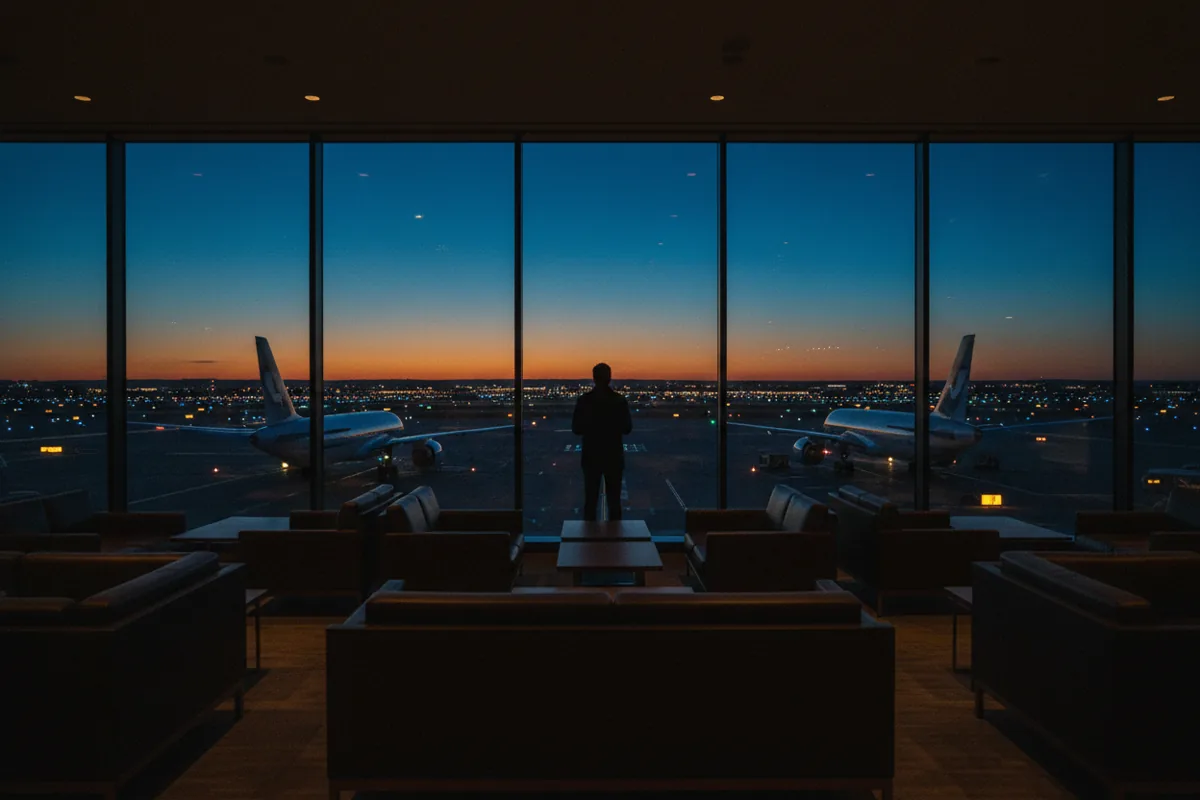 Silhouette of a traveler in an airport lounge looking out at airplanes on the tarmac at dusk.
