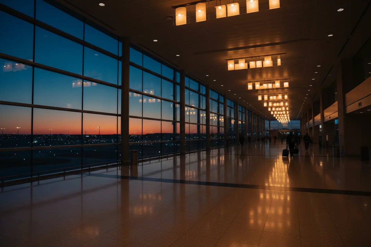 A modern airport terminal concourse at dusk with a few travelers walking towards their gates.