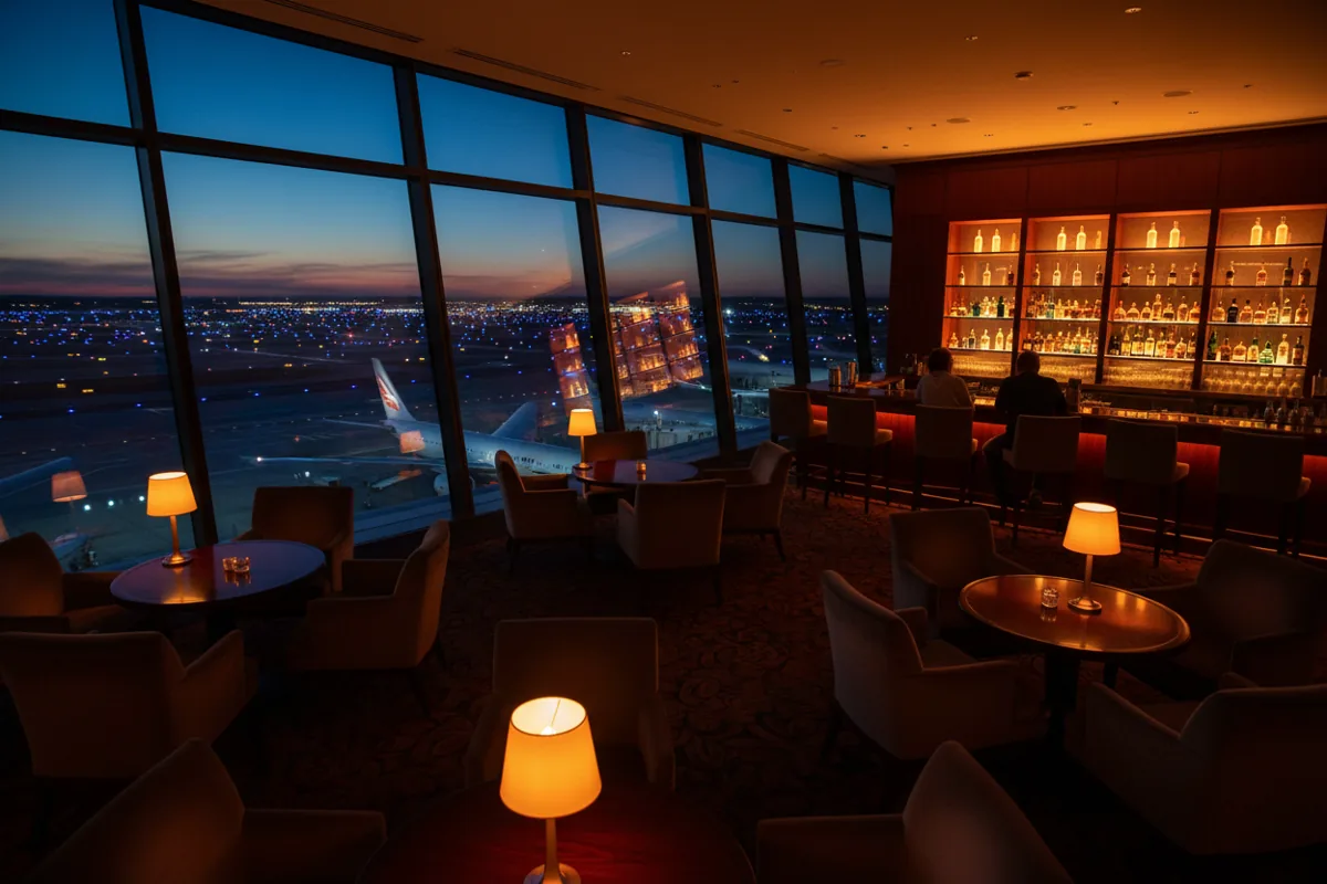 An elegant, dimly lit airport restaurant overlooking the airfield at night.