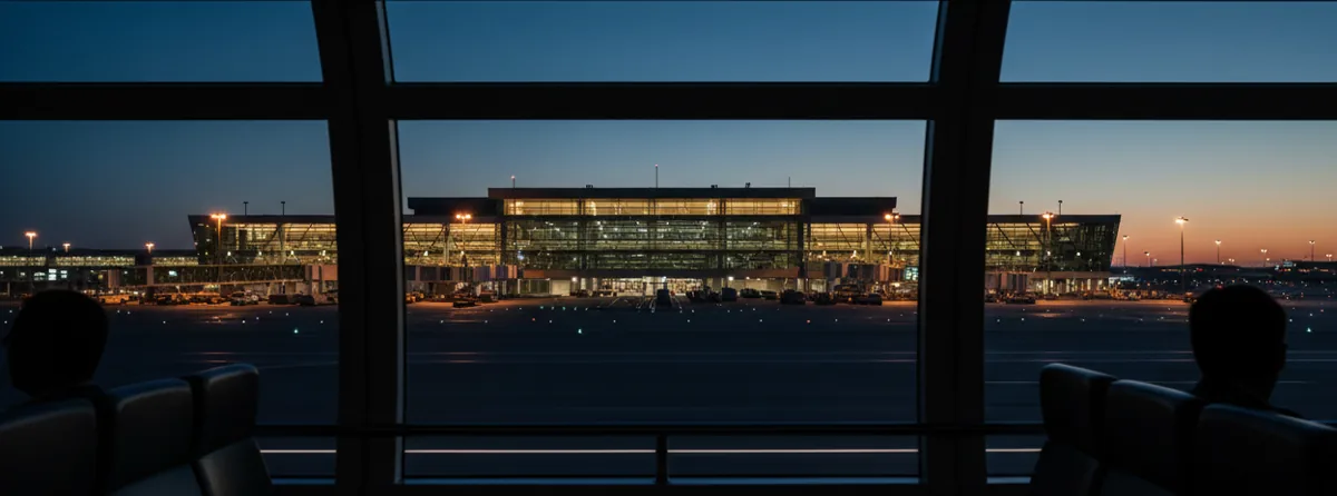 View of a brightly lit airport terminal at twilight from inside a moving airport train.