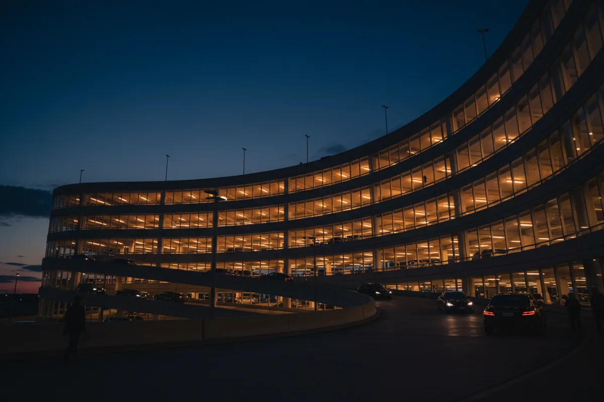 A modern airport parking garage with illuminated levels at twilight.