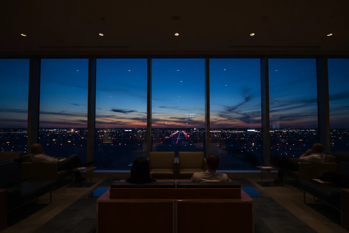Silhouettes of people in an airport lounge looking out a large window onto the tarmac at dusk.