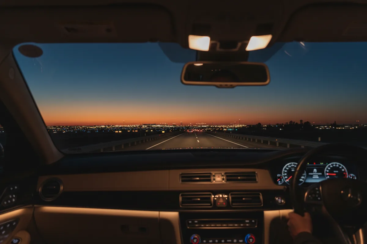 View from inside a car on a highway approaching a brightly lit airport at night.