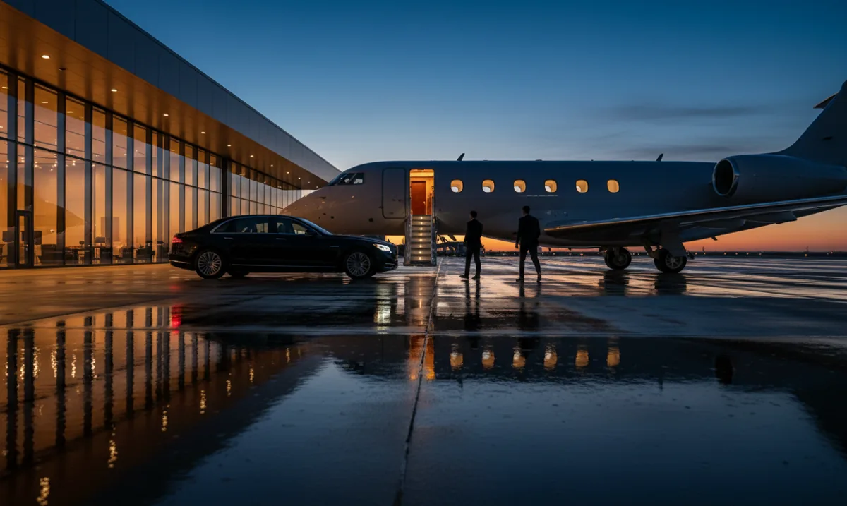 A luxury car parked next to a private jet on the tarmac at twilight, ready for boarding.