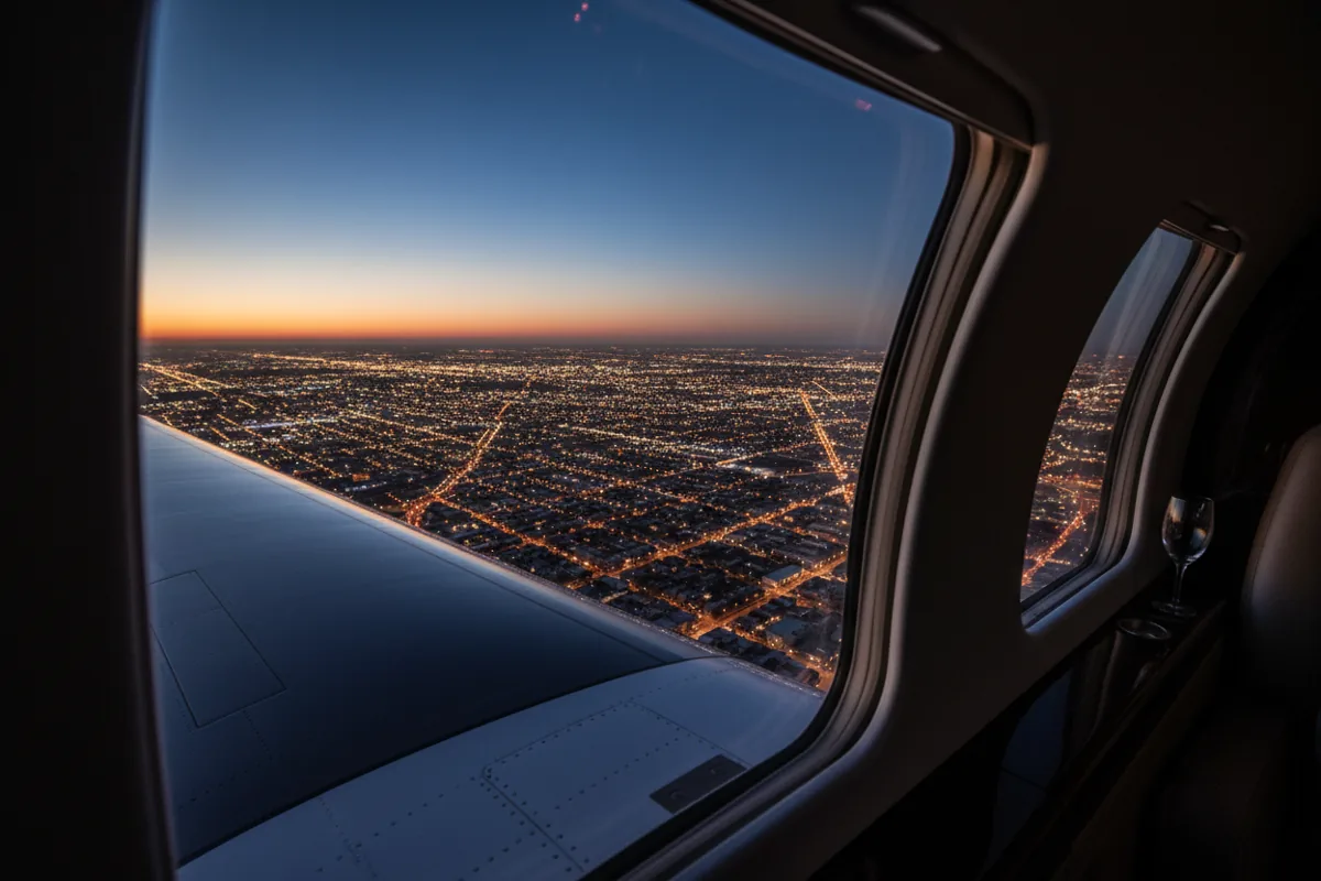 A major city's glowing lights at night, viewed from an airplane window.