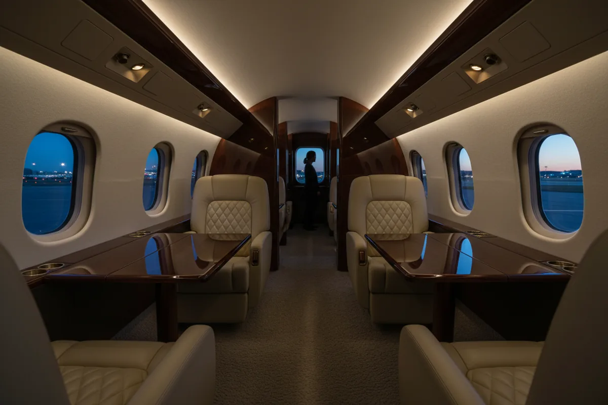 The empty, luxurious interior of a private jet cabin with warm lighting at night.