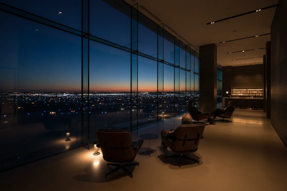 A quiet airport lounge with large windows looking out onto the airfield at dusk.