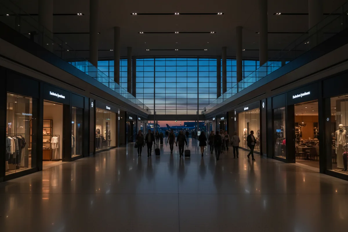 A modern airport terminal concourse with shops and restaurants at twilight.