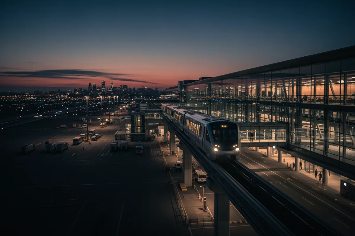 An elevated airport train approaching a terminal with a city skyline in the background.