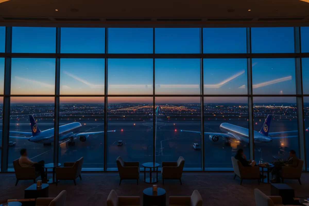 View of an airport tarmac at dusk from a lounge window, with planes and runway lights.