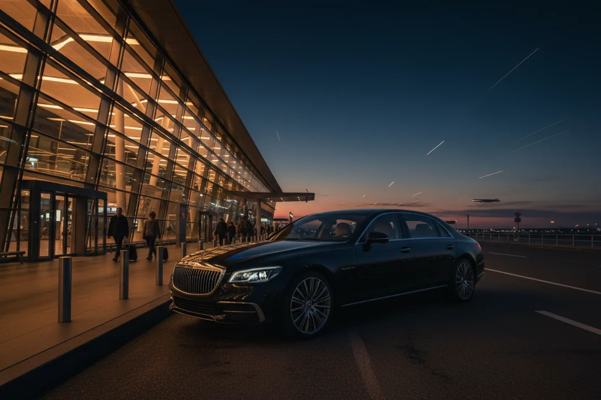 A black luxury car waits at the curb of an airport terminal at dusk.