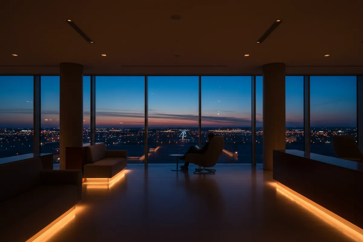 A person sits in a modern airport lounge at dusk, looking out at the airfield.