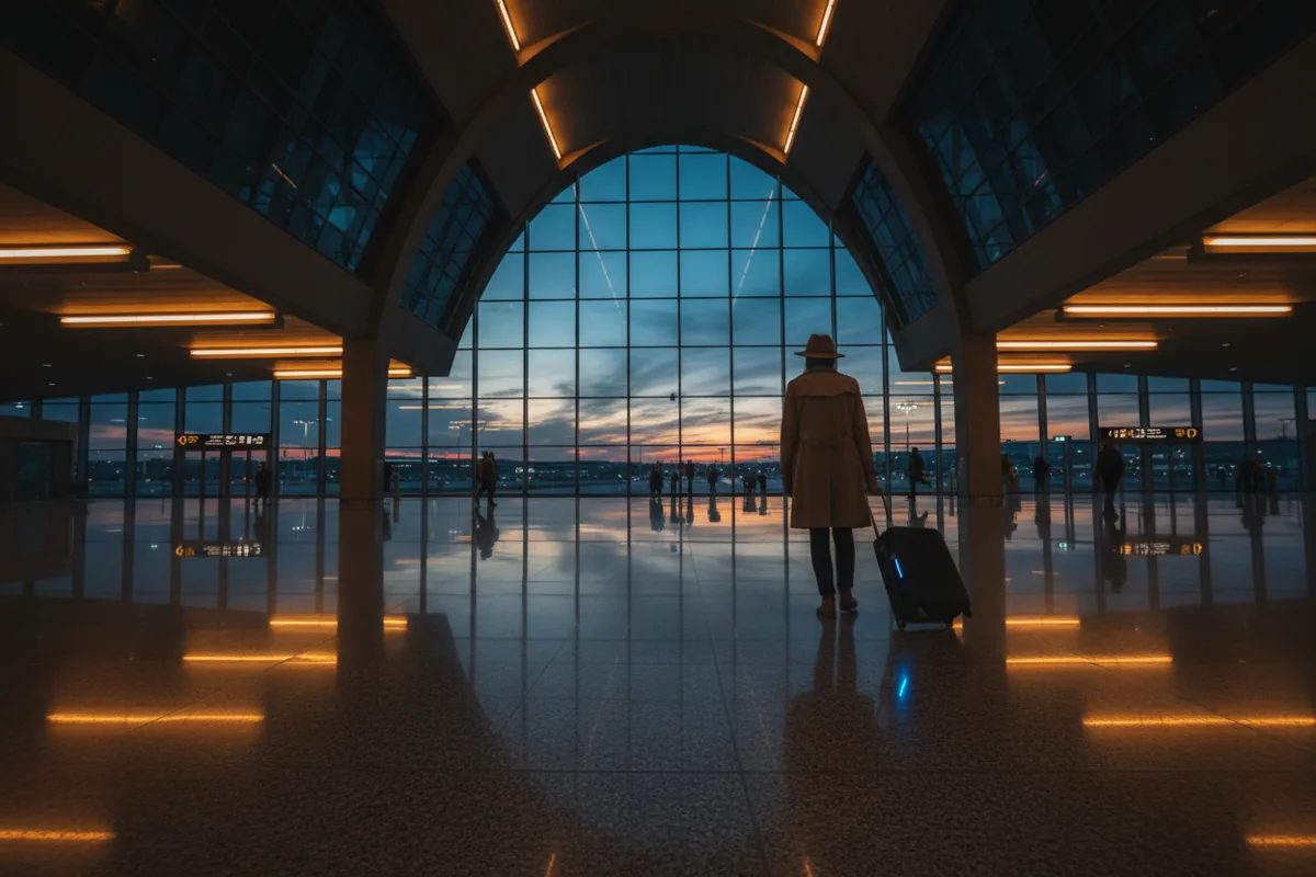A traveler with a rolling suitcase walks through a modern, dimly lit transit hall.