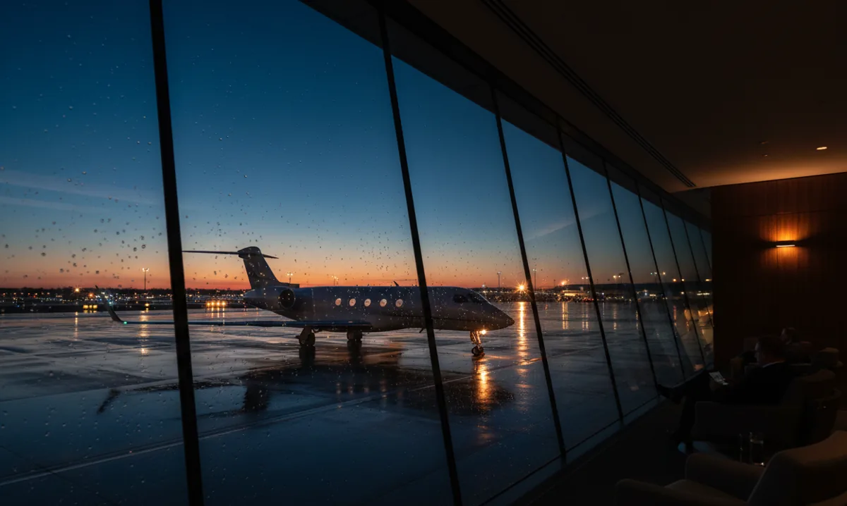 An unmarked private jet on an airport tarmac at dusk, seen from a terminal window.