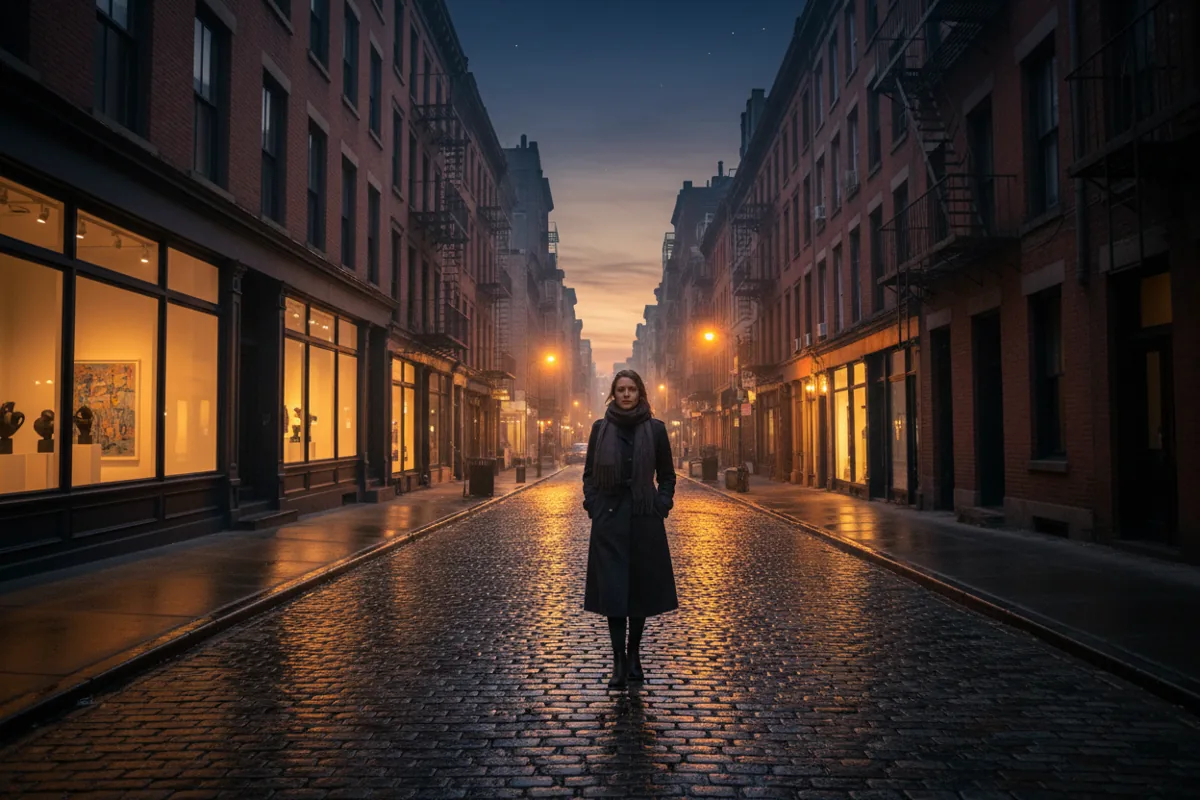 A person walks down a wet cobblestone street in New York City at dusk.