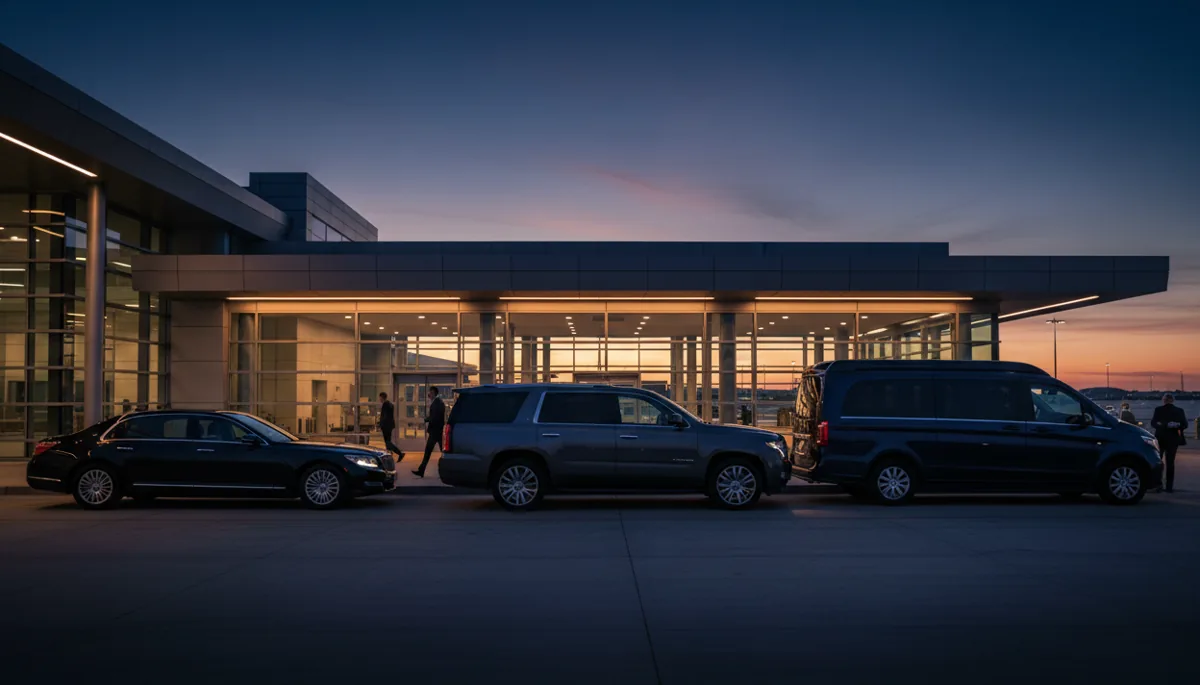 A row of luxury vehicles, including a sedan and an SUV, parked outside a modern airport terminal at twilight.
