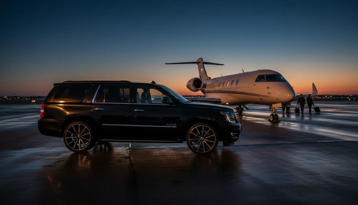 A black SUV parked on the tarmac in front of a private jet at sunset, ready for a luxury airport transfer.