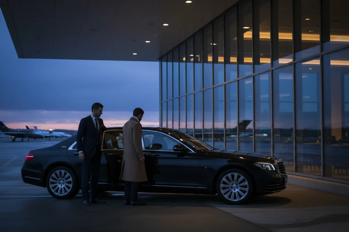 A chauffeur holds the door of a luxury car for a passenger arriving at a private airport terminal at night.