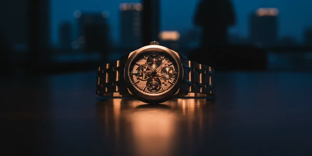 A luxury mechanical watch with a metal bracelet resting on a polished dark wood table at dusk.