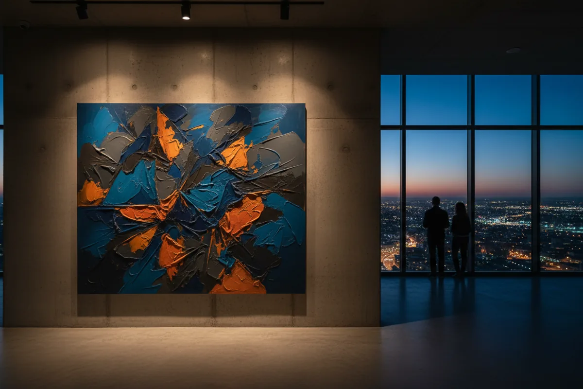 A large abstract painting in a modern gallery with a city skyline visible at twilight through a large window.