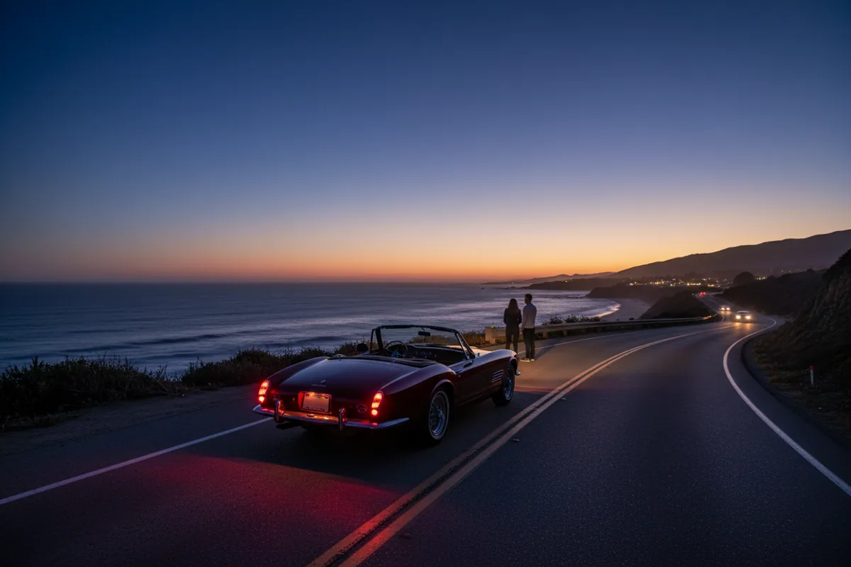 A classic convertible sports car parked on a coastal road overlooking the ocean at blue hour.