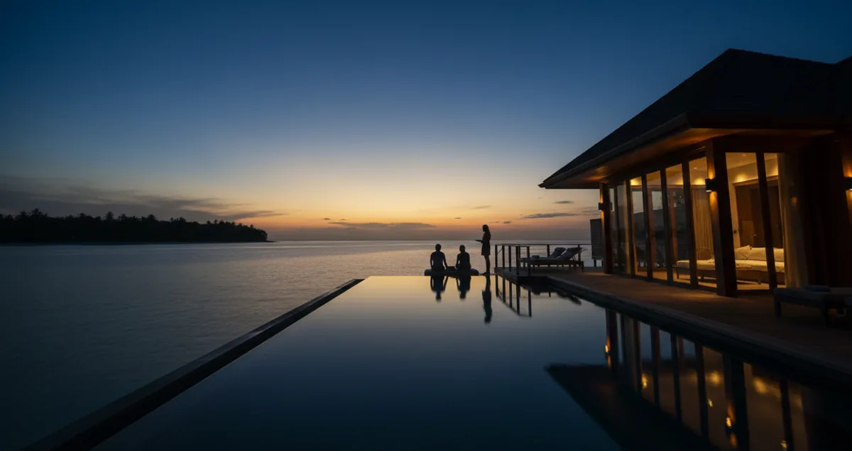 An overwater bungalow with a lit pool at twilight.