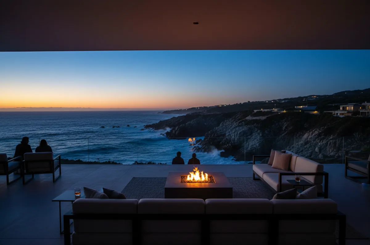 A modern luxury terrace overlooking a rocky coastline at dusk.