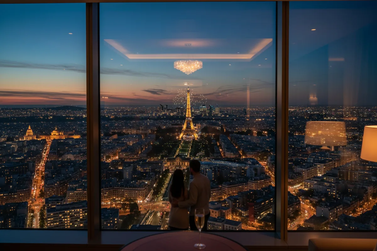 A European city skyline and a famous landmark at twilight, seen from a high-rise window.