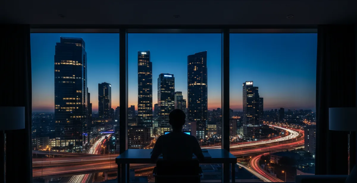 Person with a laptop looking out at a city skyline at twilight from a high-rise apartment.