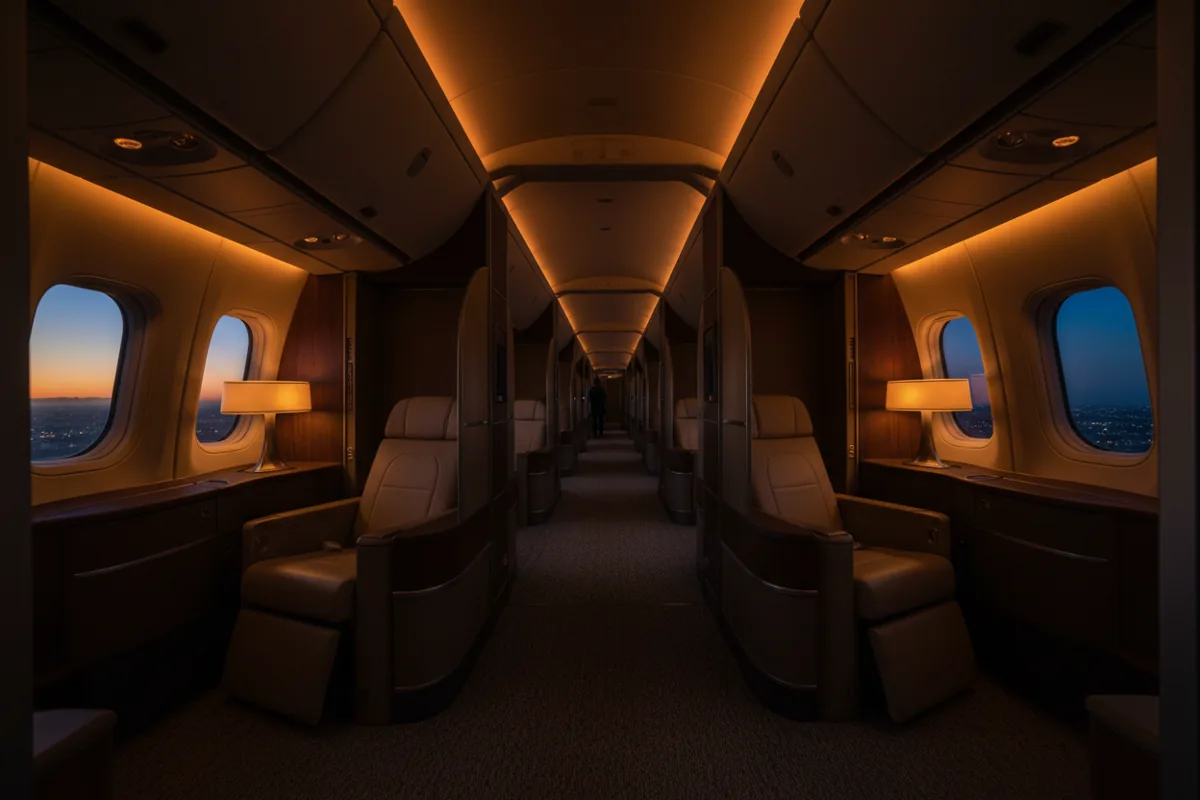 Empty first-class airplane cabin at night with warm lighting in each passenger suite.