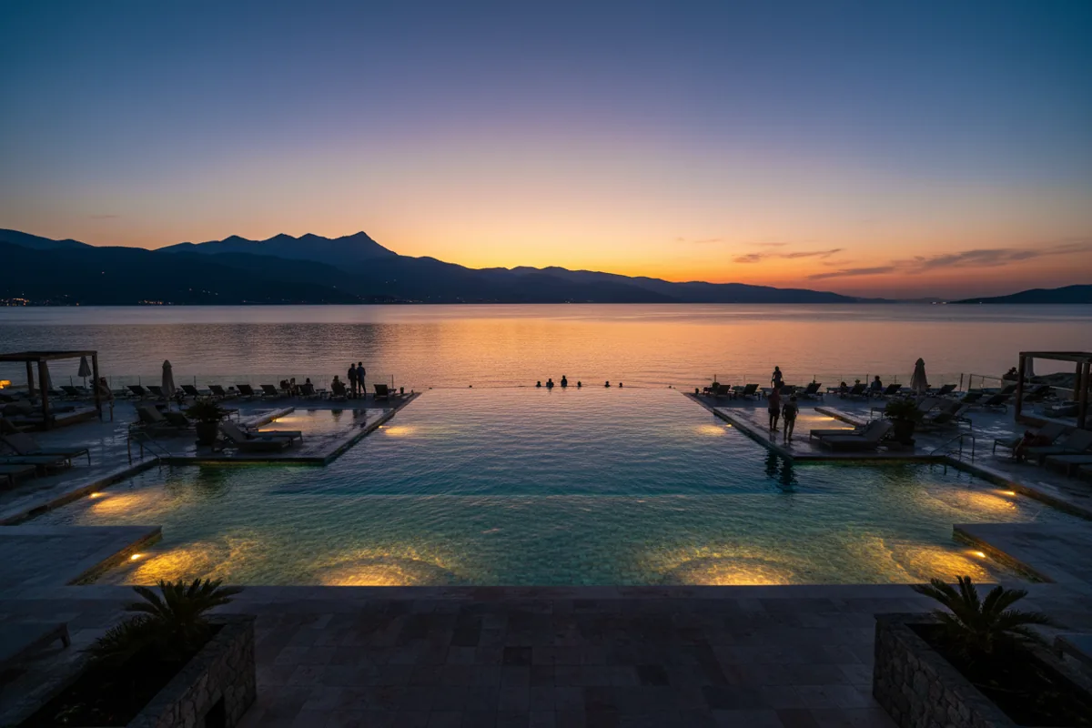 Resort infinity pool lit up at dusk, overlooking the ocean and distant mountains.