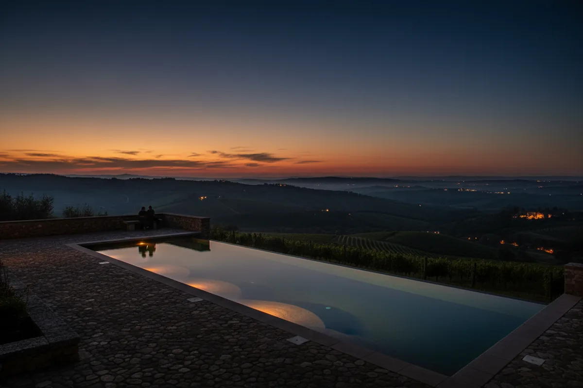 An infinity pool on a terrace overlooking rolling hills in Tuscany at dusk.