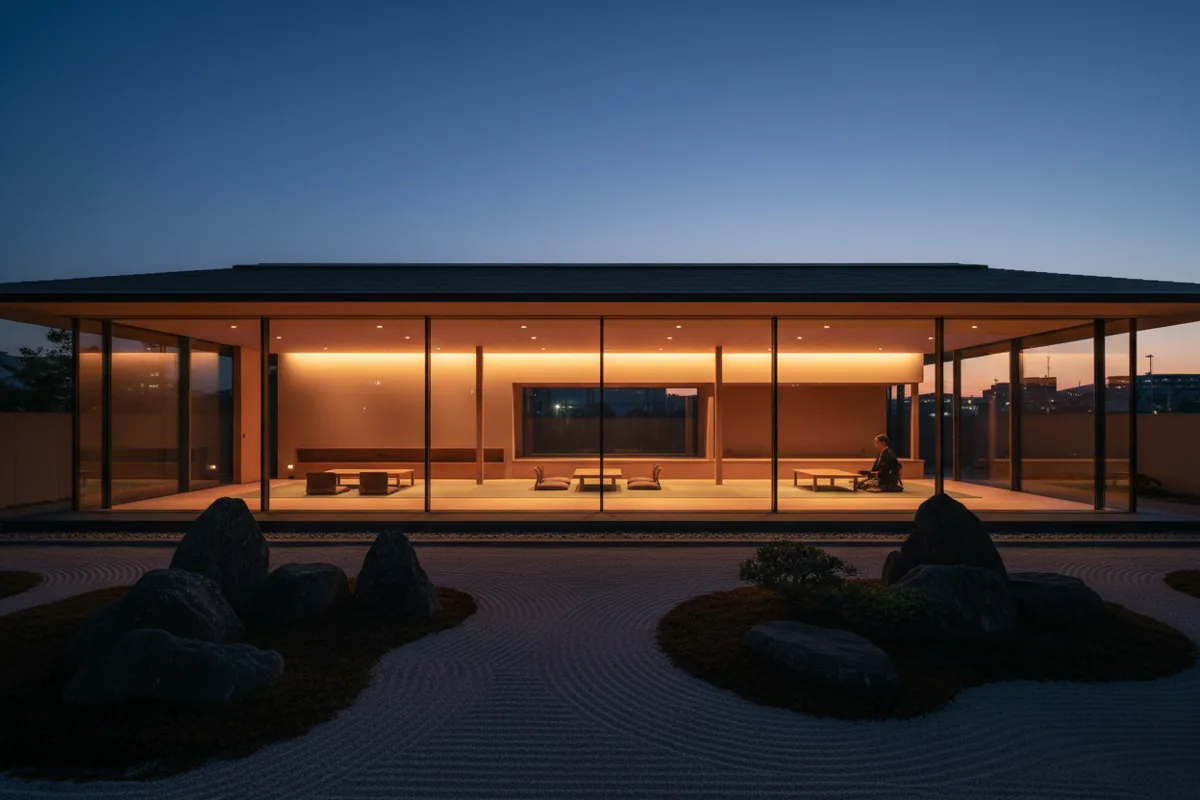 A modern Japanese villa with large windows overlooking a zen garden at dusk.