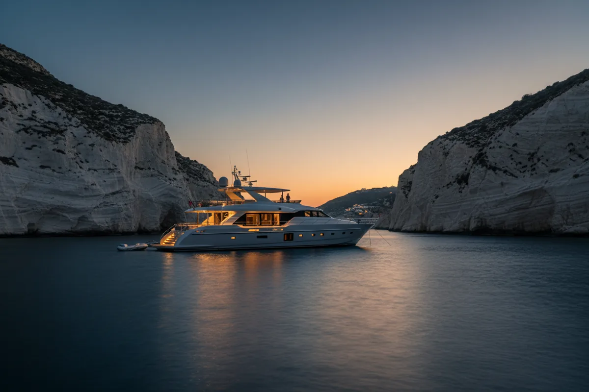 A luxury yacht anchored in a secluded cove next to white cliffs at twilight.