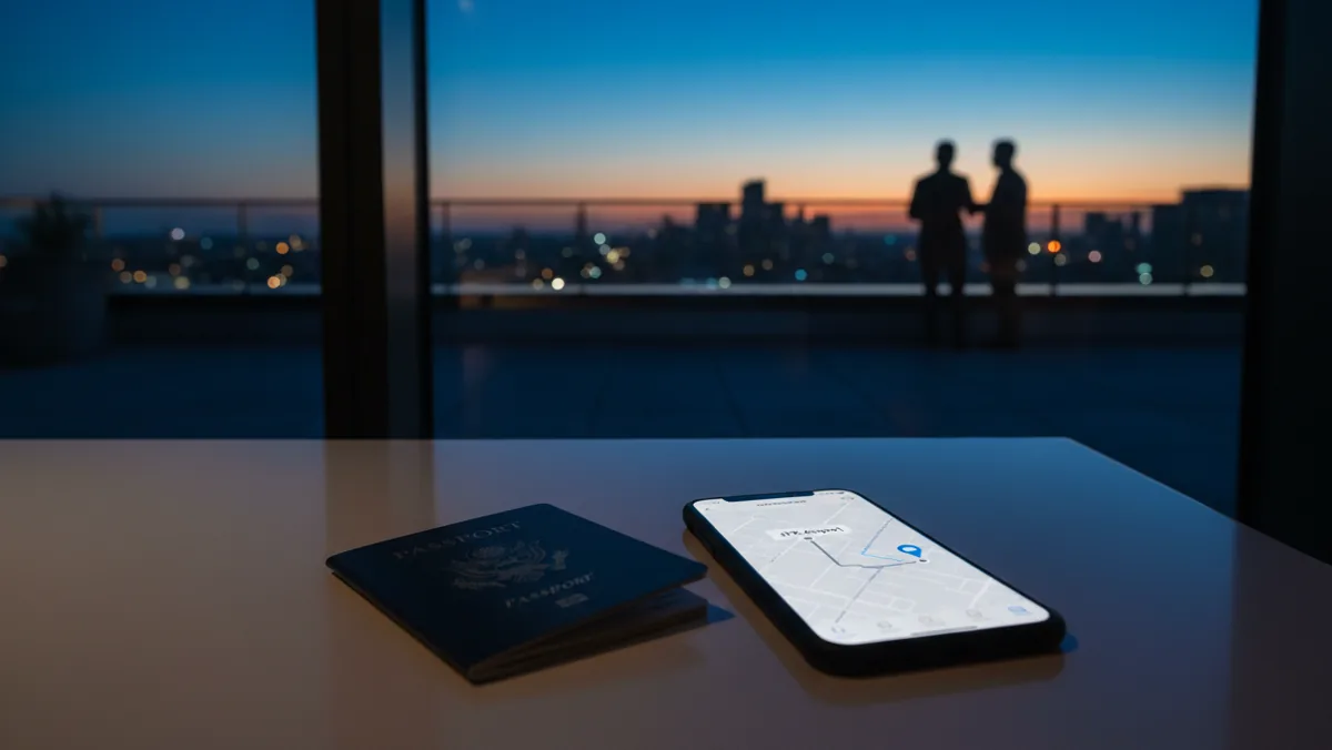 A passport and a smartphone displaying a rideshare app with a trip to JFK Airport.
