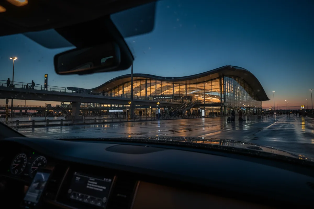 View from a car arriving at a glowing airport terminal entrance at night.