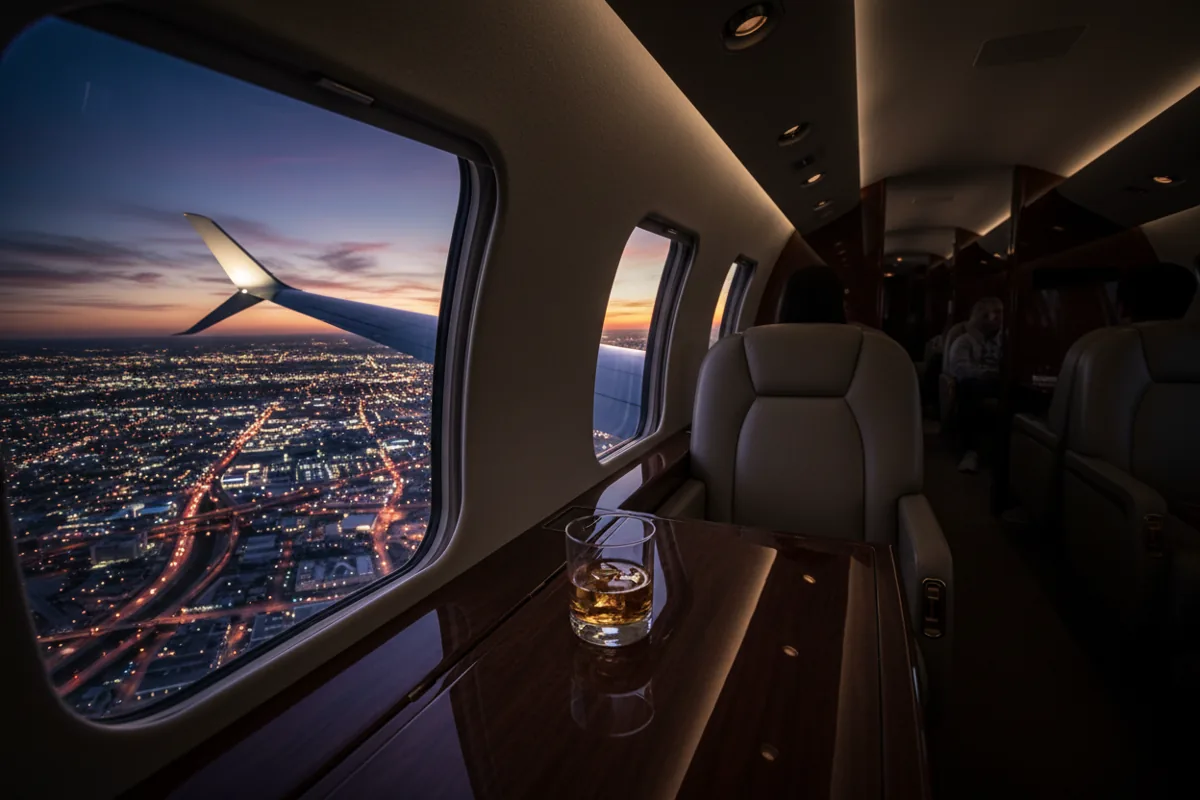 The view from a private jet window at dusk, showing the wing and city lights below.