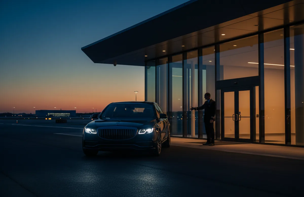 A luxury sedan parked outside a modern private jet terminal at blue hour.